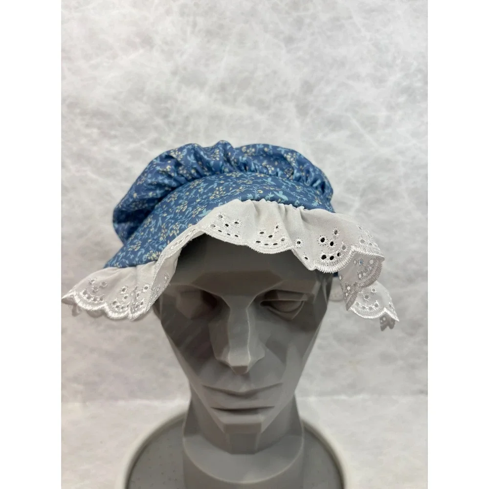 Vintage Style Blue Floral Calico Sun Bonnet White Eyelet Lace Trim Prairie Hat
